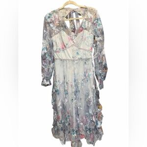 Pre-love Marchesa V-Neck Embroidered Tulle Cocktail Long Sleeve Dress